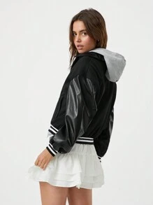 SHEIN EZwear 1 件女式休闲针织和仿皮拼接落肩条纹夹克 - 黑色 - 查看 3