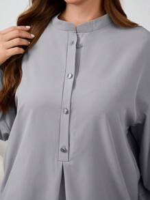 Set de 2 piezas para mujer de talla grande con top de manga larga con botones delanteros y pantalones de unicolor, de estilo minimalista