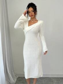Elenzga Women Asymmetric Collar Long Sleeve Fitted Elegant Sweater Dress, Autumn/Winter