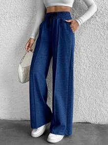 Cottnline Cotton Petite Drawstring Waist Wide Leg Pants - Navy Blue - View 3