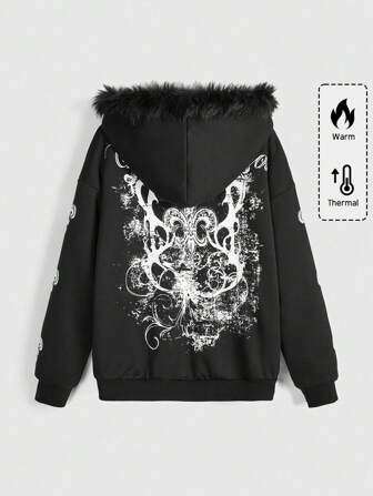 Grunge Punk Oversized Women Grunge Style Distressed Print Zip-Up Hoodie