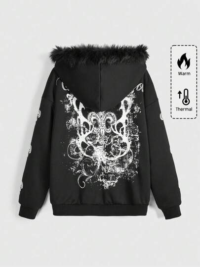 Grunge Punk sweat-shirt à capuche oversize avec fermeture éclair et imprimé délavé dans le style grunge pour femmes