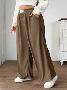 SHEIN EZwear Pantalones anchos de pana color caqui de cintura alta para mujer de talla grande, con bolsillos y diseño de parche, aptos para escuela, uso diario, trabajo en interiores, otoño e invierno