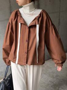 FRIFUL Women's Fall Drop Shoulder Single-Breasted Drawstring Casual Loose Regular Jacket Women Coats - Coffee Brown - View 3