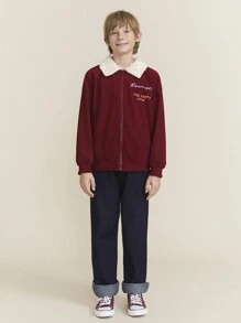 SHEIN Tween Boy Deep Red Colorblock Zipper Front Shirt Collar Long Sleeve Letter Graphic Corduroy Jacket, Autumn/Winter