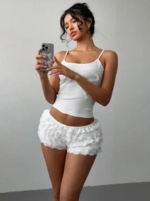 Aloruh Women's Fashion Color Contrast Lace Trim Mesh Multilayer Ruffle Edge Cake Shaped Super Short Shorts, Music Festival, Spring/Summer