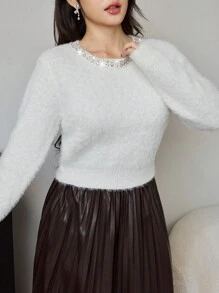 Modelyn Women's Elegant Rhinestone Decor Crew Neck Long Sleeve Pullover Sweater Knit Pullover Fall Winter - White - View 6