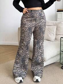 SHEIN EZwear Plus Size Fashion Leopard Print Flare Pants - Multicolor - View 7