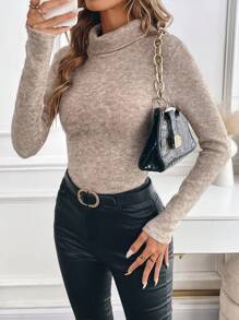 SHEIN Clasi Áo thun nữ cổ bẻ nhún eo - Màu Khaki - Xem 5