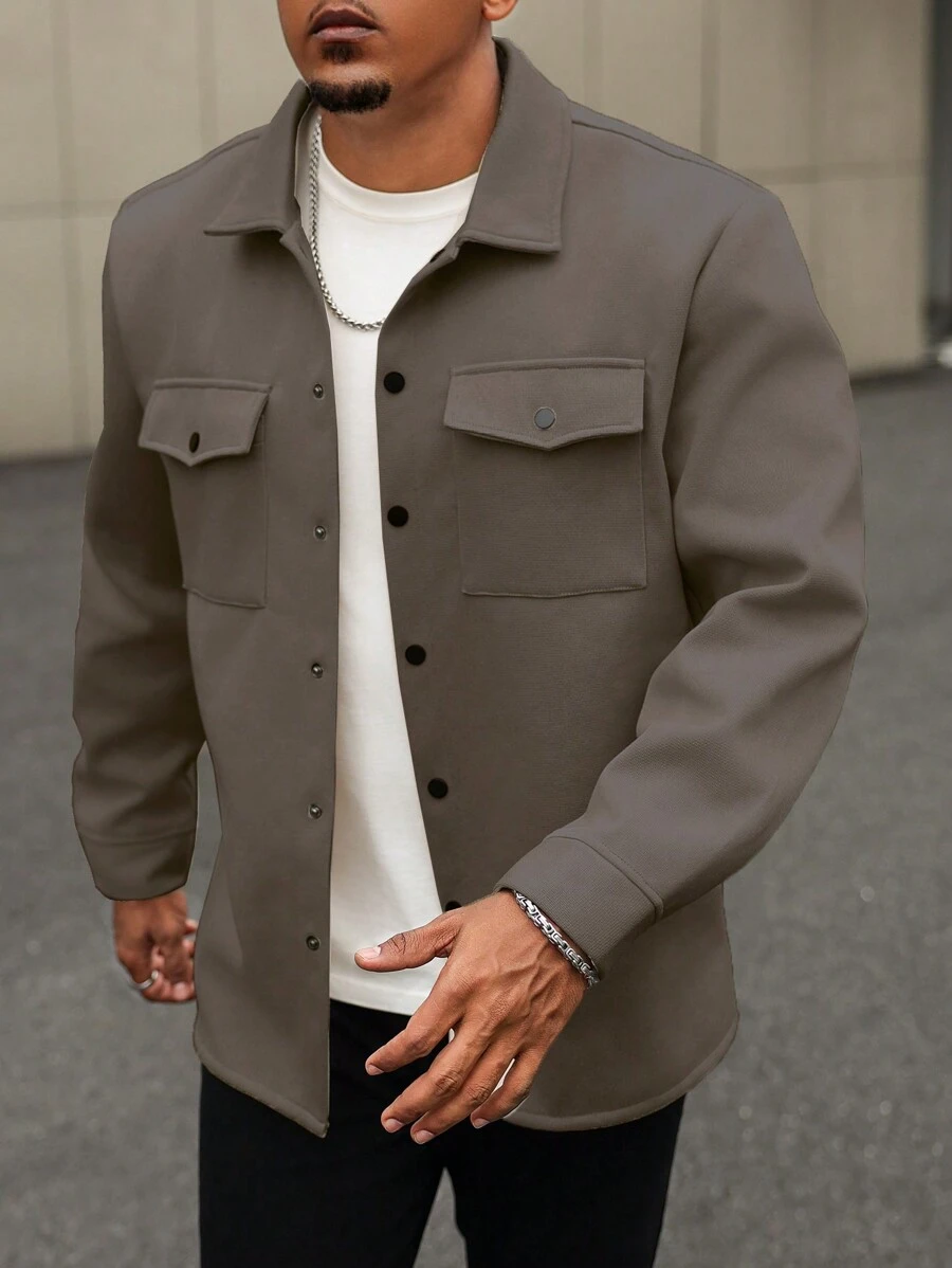 Manfinity Homme 加大码男士长袖休闲轻薄衬衫外套，适合秋季穿着 - 摩卡棕 - 查看 1