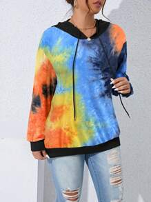 SHEIN LUNE Plus Size Fashion Tie-Dye Drawstring Sweatshirt, Autumn Pullover Fall - Multicolor - View 5