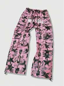 ROMWE MEN Street Life Men's Drawstring Star Print Pocket Casual Cargo Pants, For Daily Wear, Fall - Pink - View 8