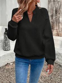 EMERY ROSE Solid V-Neck Casual Pullover Sweatshirt In Fall/Winter - Black - View 6