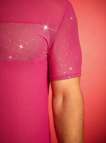 FeverCity 男士圆领短袖网眼拼接休闲T恤 - 玫紅色 - 查看 7