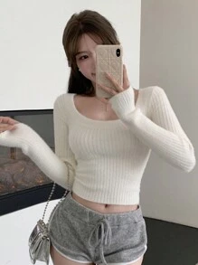 DAZY 女士经典圆领纯色针织套头衫，秋季服装 - 白色 - 查看 5