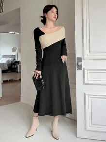 DAZY 1pc Women Asymmetric Contrast Color Sweater Dress Off Shoulder,Fall Clothes - Black - View 6