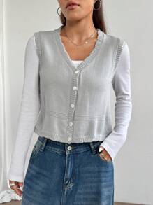 SHEIN Unity Women's Sleeveless Button Front Simple Sweet Casual Versatile Embroidered Vest - Light Grey - View 6