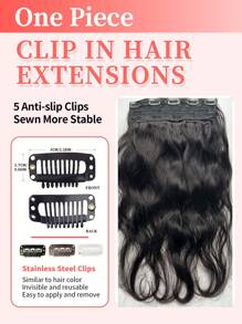 1 pieza Extensiones de cabello ondulado con clip Hechas a mano de cabello humano real Suave y natural para mujeres Extensiones de cabello con clips - Natural Black - Ver 3