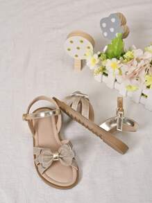 1 Pair Girl's Elegant Bow Flat Sandals, Suitable For Festivals, Weddings, Stage, Vacation & Daily Dress Matching - Gold - View 7
