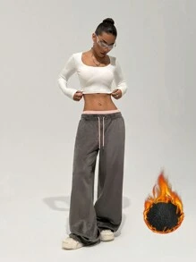 StreetHx Damskie spodnie dresowe z podszewką termiczną i talią termiczną, ciepłe na jesień/zimę - Ciemnoszary - Zobacz 5