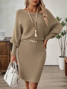 EMERY ROSE Women Solid Color Lantern Sleeve Ribbed Knit Sweater Dress - Apricot - View 6