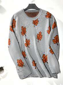SHEIN Plus Size Women Maple Leaf Print Crew Neck Long Sleeve Knit Sweater, Autumn/Winter Knit Pullover Fall - Multicolor - View 1