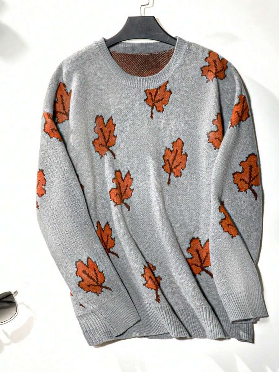 SHEIN Plus Size Women Maple Leaf Print Crew Neck Long Sleeve Knit Sweater, Autumn/Winter Knit Pullover Fall - Multicolor - View 1