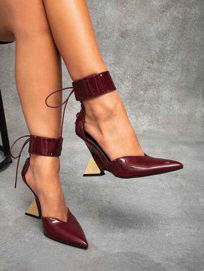 CUCCOO SZL Pointed Toe Asymmetrical Heels Burgundy Women's High Heels, Badgirl Night Outfit, Street Style Sexy Party Date Spring Shoes Spring Break Easter Prom Heels For Christmas