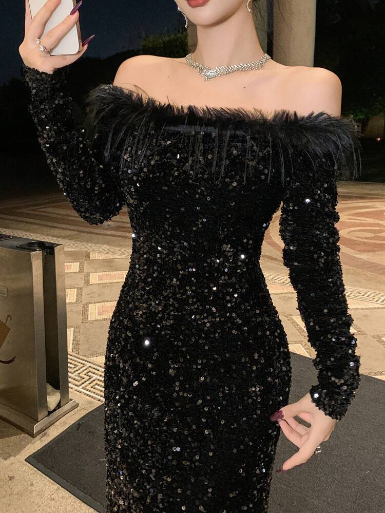 New Arrival Autumn Off-The-Shoulder Long Dress For Women ,New Year Eve Prom Dress Party Women Homecoming Dresses Luxury Sequin Off Shoulder Top Elegant Women Dresses Carnival Sparkly Dress Maxi Dress