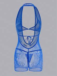 ChaseTheNight Set Lingerie Wanita Jala Elastis Tinggi Seksi dengan Hiasan Batu untuk Pergi Keluar - Royal Blue - View 2