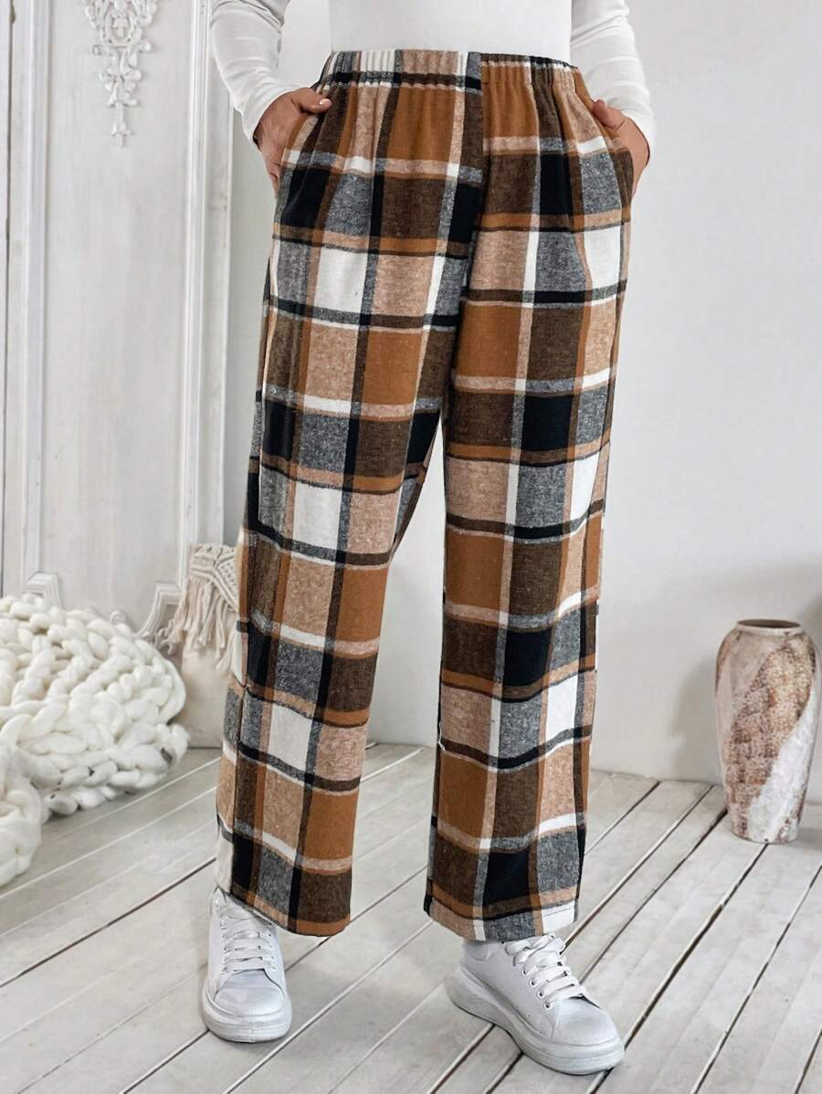 SHEIN VCAY Plus Size Plaid Elastic Waist Casual Pants, Autumn/Winter - Multicolor - View 1