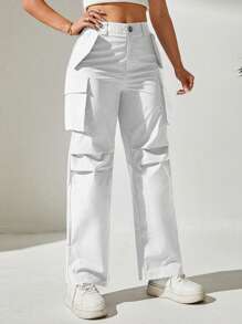 SHEIN PETITE Women's Solid Color Cargo Straight Loose Pleated Pants - White - View 6