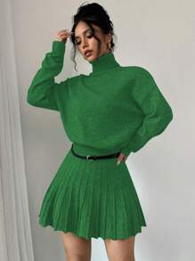 Calvaya 2pcs/Set Solid Color Pleated Loose Casual Skirt Suit, High Neck Sweater