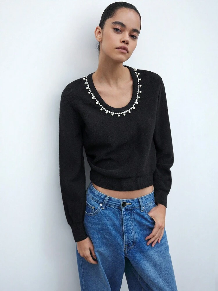SHEIN Maija Elegant Modern Party Urban Retro Glamorous Rhinestone Decor Black Sweater With U-Neck & Lantern Sleeves, New For Autumn/Winter