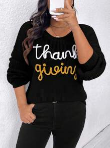 Calvaya Plus Size Colorblock Letter Pattern Drop Shoulder Loose Knitted Sweater For Autumn/Winter Fall - Black - View 3