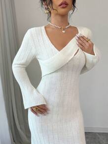 Elenzga Women Asymmetric Collar Long Sleeve Fitted Elegant Sweater Dress, Autumn/Winter