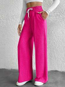 Cottnline Cotton Petite Drawstring Waist Wide Leg Pants - Hot Pink - View 3