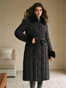 Anewsta Thick Long Puffy Collar Horizontal Seam Women's Coat