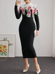 Modelyn 女士花卉印花紧身收腰针织毛衣连衣裙 - 黑色 - 查看 5