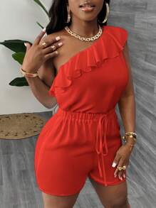 Slaydiva 优雅度假通勤夏季无袖荷叶边腰部抽绳修身白色女式连体衣 - 橘色 - 查看 6