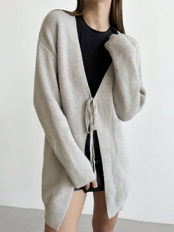 Aloruh 1pc Elegant Tie Front Long Cardigan, Gray, Versatile And Loose Fit