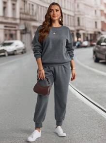 EMERY ROSE 2 Peças/Conjunto Moletom e Calça de Moletom Casuais de Cor Sólida Plus Size, Outono/Inverno