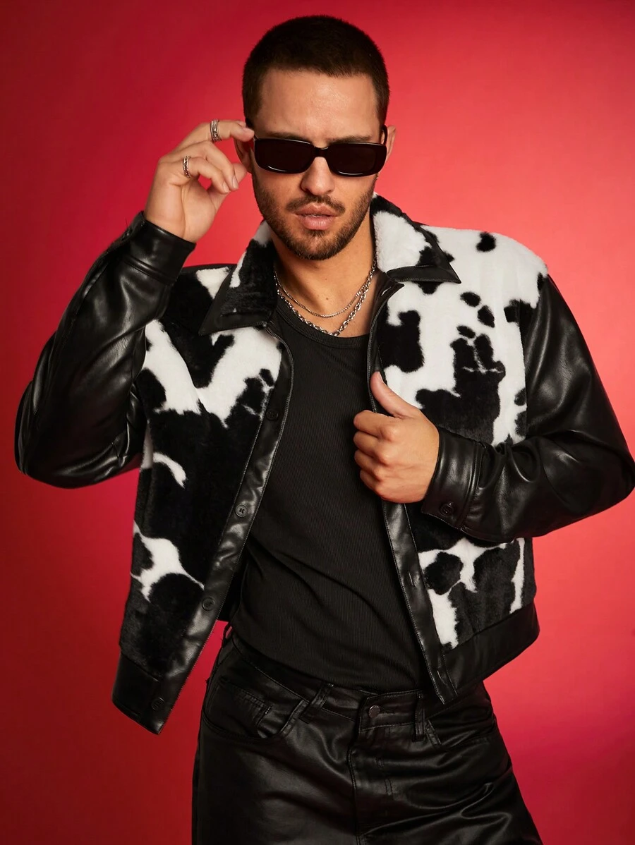 FeverCity Chaqueta de manga larga con forro de piel de oveja y parches de cuero sintético con estampado de vaca, para otoño e invierno - Multicolor - Ver 1