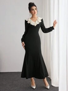 Modelyn Tight Fitting Sexy Color Block Collar Patchwork Form-Flattering Long Dress For Women Maxi Women Outfit Long Evening Dresses Fall Cloth For Women - Black - View 3