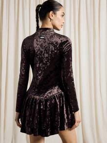 AiiRZ Velvet Drop Waist Ballerina Bubble Hem Mini Dress - Brown - View 2