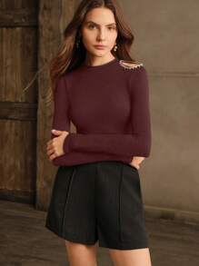 Anewsta Camiseta de manga larga con cuello alto, hombros abiertos, tejido acanalado y strass, elegante y de moda para mujer, para otoño