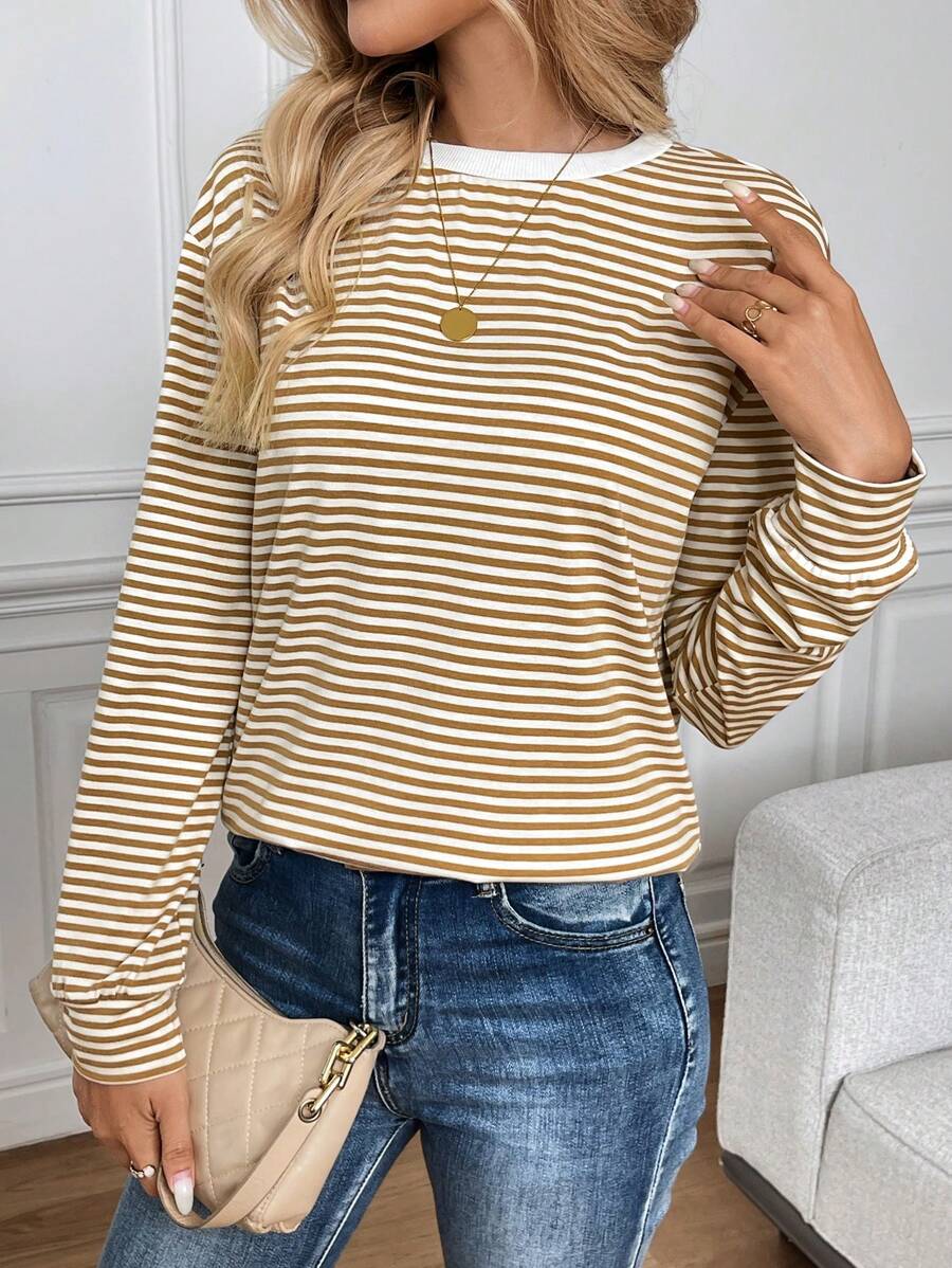 SHEIN LUNE 女士休闲基本款撞色领条纹 T 恤 - 彩色 - 查看 1