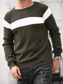 Manfinity Mode Men Crew Neck Long Sleeve Solid Color Splice Casual Pullover Sweater