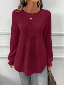 SHEIN LUNE 女士不对称下摆纹理针织休闲运动优雅百搭保暖衬里运动衫，适合秋冬季 - 紅色 - 查看 6