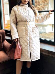 SHEIN Privé Plus Size Casual Turndown Collar Pockets Long Padded Coat, Suitable For Commuting, Autumn/Winter